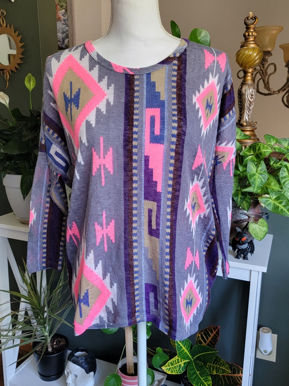 3 For $30 Signature Studio Aztec Pattern Polyester Top in Gray & Pink